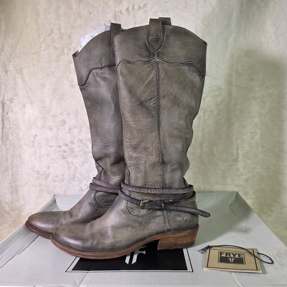 Frye Carson Riding Boots Slate Gray Distressed Leather Floral Straps Women 8
